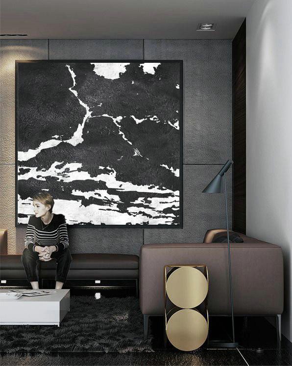 Extra Large Acrylic Painting On Canvas,Oversized Minimal Black And White Painting - Canvas Paintings For Sale